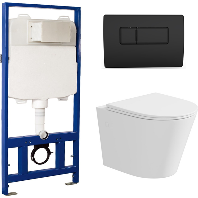 Matt White Wall Hung Rimless Toilet with Soft Close Seat Black Pneumatic Flush Plate 1170mm Frame & Cistern - Verona