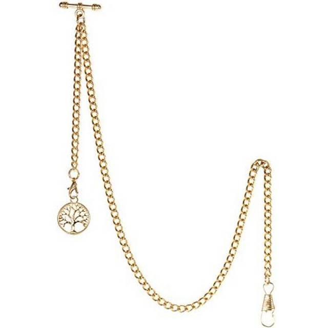 TREEWETO Men&#39;s Albert Chain Pocket Watch Curb Link Key Chain 2 Hooks with Antique Gold Life Tree Pendant Design Charm Fob T Bar