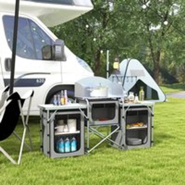 Outsunny Portable Folding Camping Kitchen with Windshield Light Stand Carry Bag, Grey