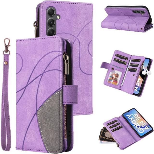 (Purple) Case For Samsung Galaxy A34 5G With Card Slot Stand Two-color Stitching Kickstand Protective Zipper Wallet Style Nine Card Slots