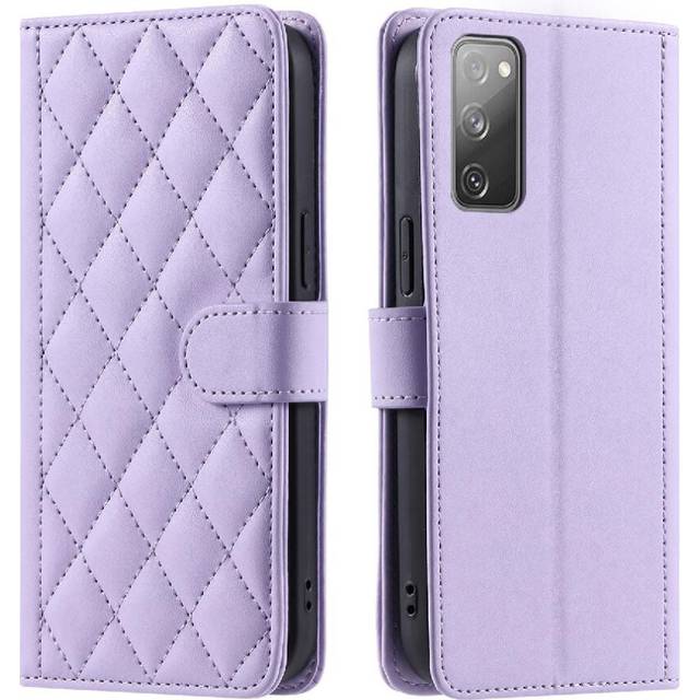 (Purple) Phone Case For Samsung Galaxy S20 FE Flip Folio Wallet Lattice Hand Strap Magnetic Card Slots Holder