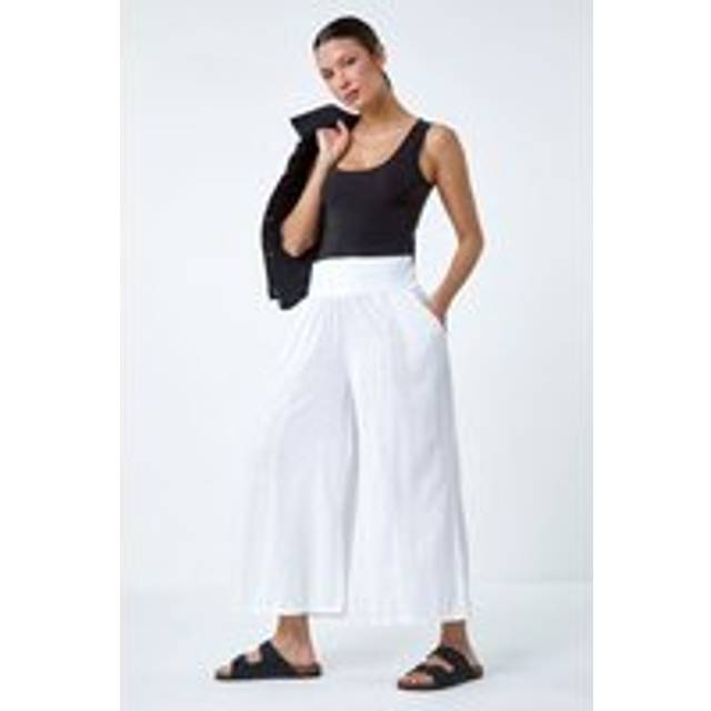 Linen Blend Stretch Waist Culottes - White