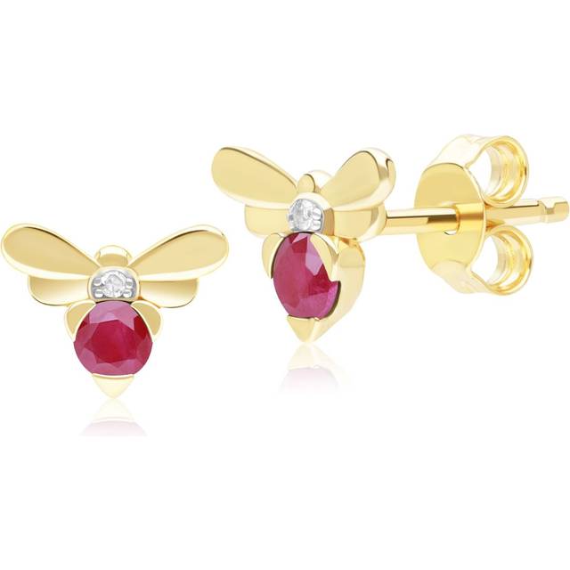 Honeycomb Inspired Ruby and Diamond Bee Stud Earrings in 9ct Yellow Gold