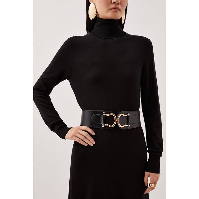 Leather Stretch Wide Waist Belt - Black