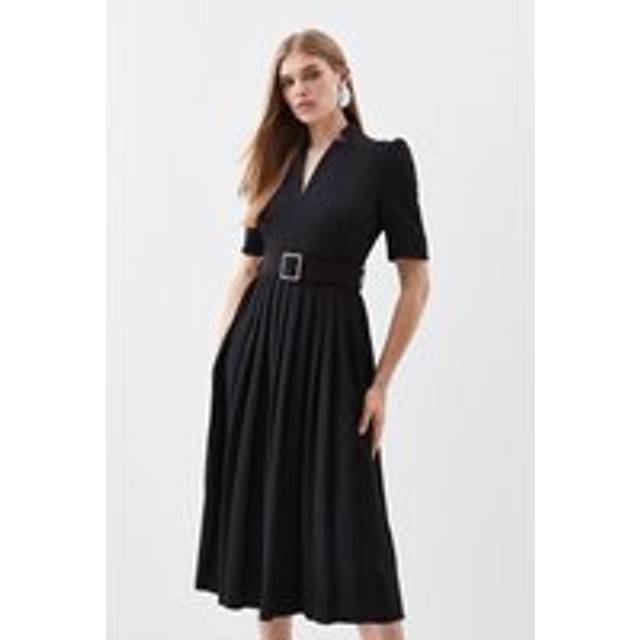 Petite Tailored Structured Crepe Forever Pleat Midi Dress - Black