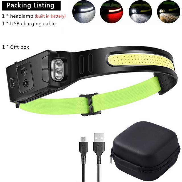 (Yellow XPE B Packing) COB LED Induction Riding Headlamp 1200mAh USB Rechargeable Hunting Flashlight Work Light 6 Modes Head Lamp Torch