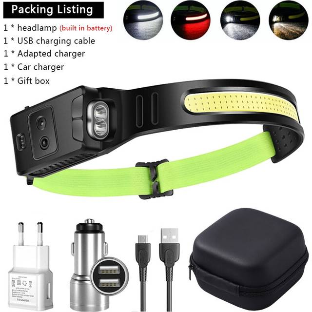 (Yellow XPE C Packing) COB LED Induction Riding Headlamp 1200mAh USB Rechargeable Hunting Flashlight Work Light 6 Modes Head Lamp Torch