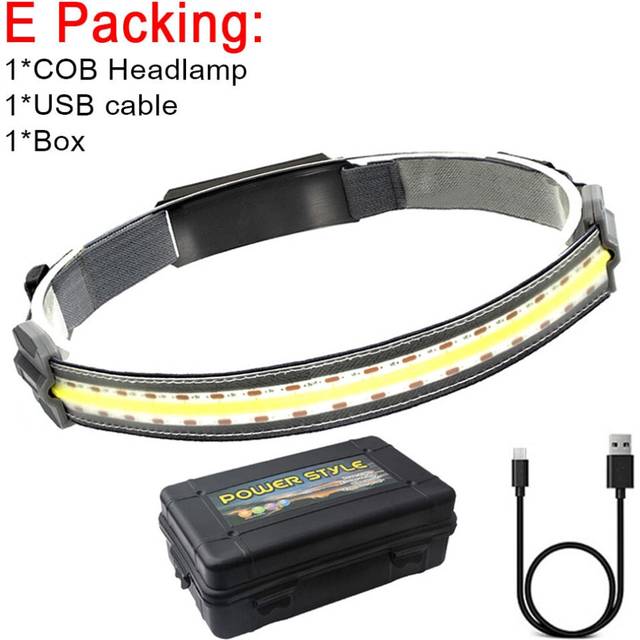 (E Set) COB Led Headlamp Built-in Battery Rechargeable Headlight Head Waterproof Lamp White & Red Lighting for Camping Working