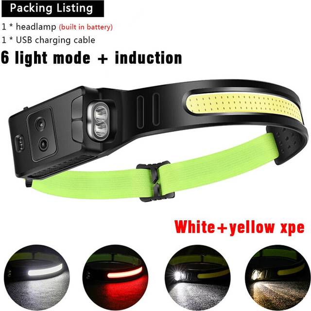 (Yellow XPE A Packing) COB LED Induction Riding Headlamp 1200mAh USB Rechargeable Hunting Flashlight Work Light 6 Modes Head Lamp Torch