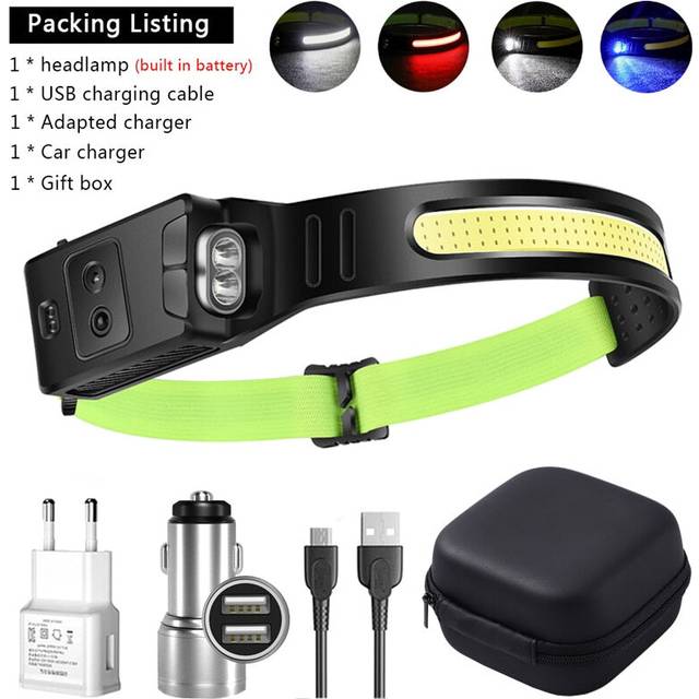 (Blue XPE C Packing) COB LED Induction Riding Headlamp 1200mAh USB Rechargeable Hunting Flashlight Work Light 6 Modes Head Lamp Torch