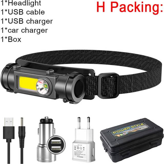 (H Packing) Portable Mini Powerful LED Headlamp XPE+COB USB Rechargeable Headlight Built-in Battery Waterproof Head Torch Head Lamp