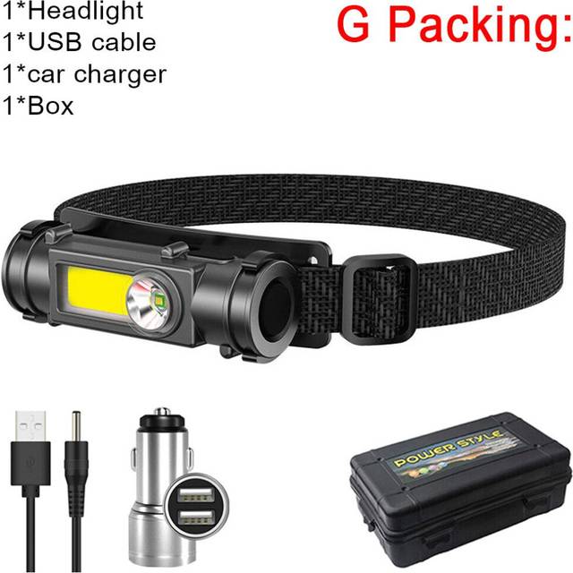 (G Packing) Portable Mini Powerful LED Headlamp XPE+COB USB Rechargeable Headlight Built-in Battery Waterproof Head Torch Head Lamp