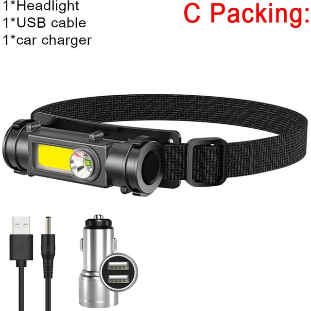 (C Packing) Portable Mini Powerful LED Headlamp XPE+COB USB Rechargeable Headlight Built-in Battery Waterproof Head Torch Head Lamp