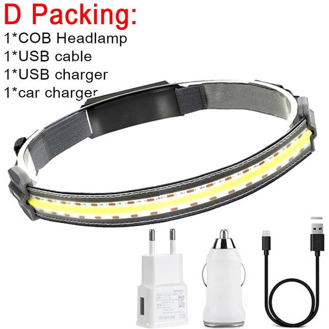 (D Set) COB Led Headlamp Built-in Battery Rechargeable Headlight Head Waterproof Lamp White & Red Lighting for Camping Working