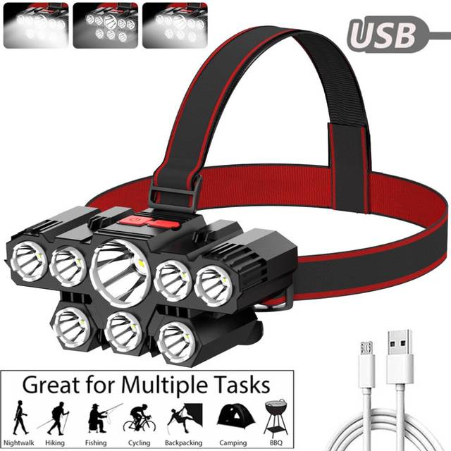8LED Headlamp 1200mAh Usb Rechargeable Built-in Battery Strong Headlight Outdoor Hiking Camping Running Work Lamp