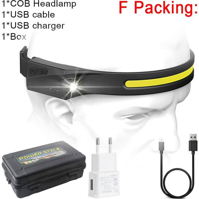 (Package F, EU) COB LED Headlamp Sensor Headlight with Built-in Battery Flashlight USB Rechargeable Head Lamp Torch 5 Lighting Modes Work Light