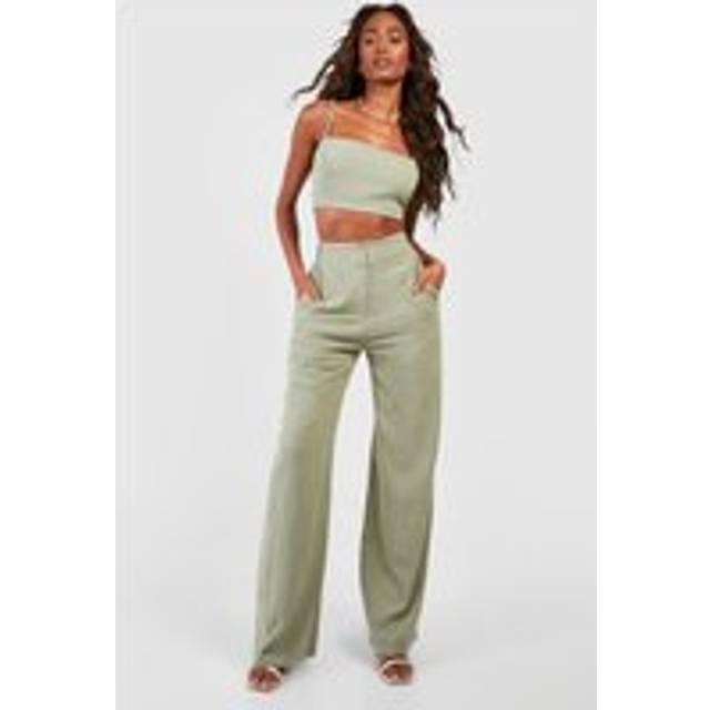 Womens Linen Mix Tailored Straight Leg Trousers - Green - 16