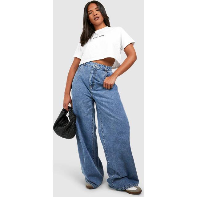 Womens Boohoo Basics Plus Basics High Waisted Wide Leg Jeans - Vintage Blue - 16