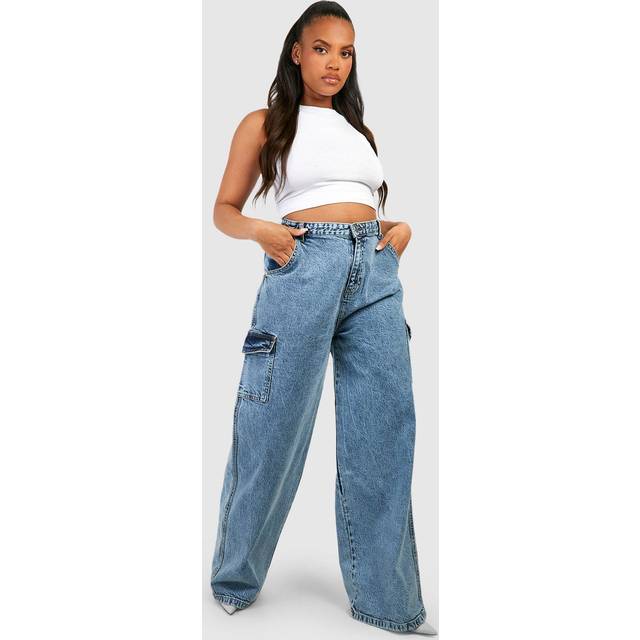 Womens Plus Acid Wash Cargo Pocket Wide Leg Jean - Grey - 16, Grey