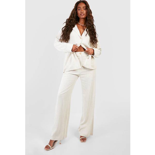 Womens Linen Mix Tailored Straight Leg Trousers - Beige - 12, Beige