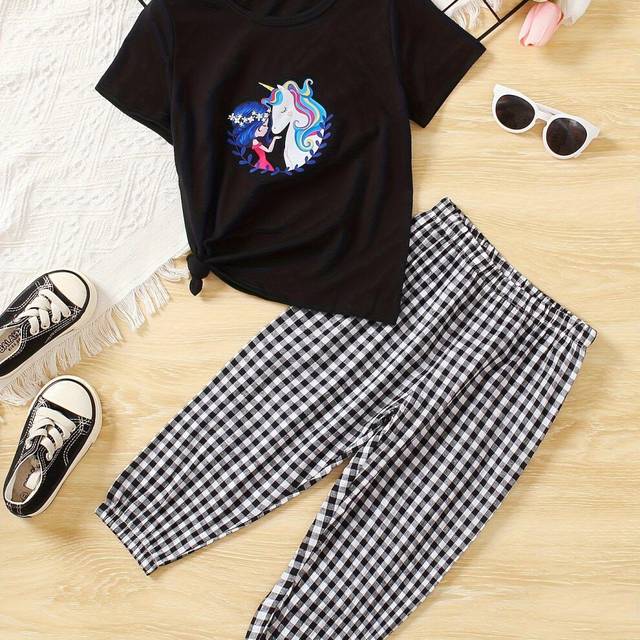 (Black, 7-8Y) 2pcs Little Girl's Cartoon Unicorn T-Shirt Top   Plaid Pants Casual Set, Girls Outfit Summer Clothes