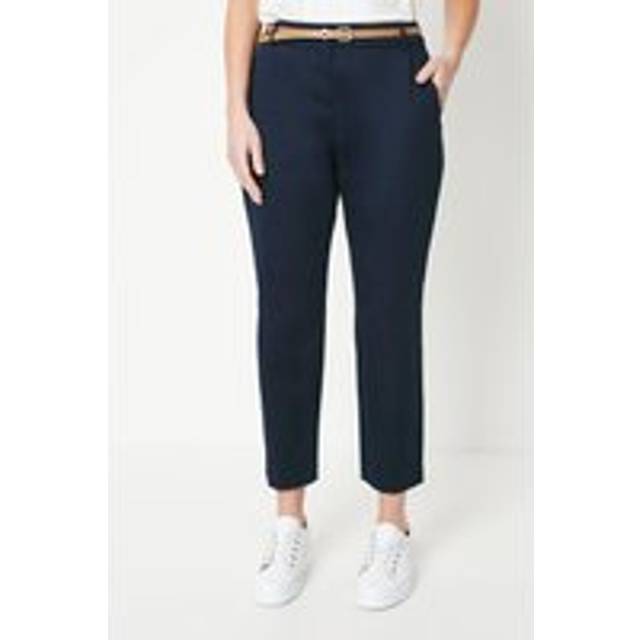Womens Petite Stretch Cigarette Belted Trousers - Navy - 18