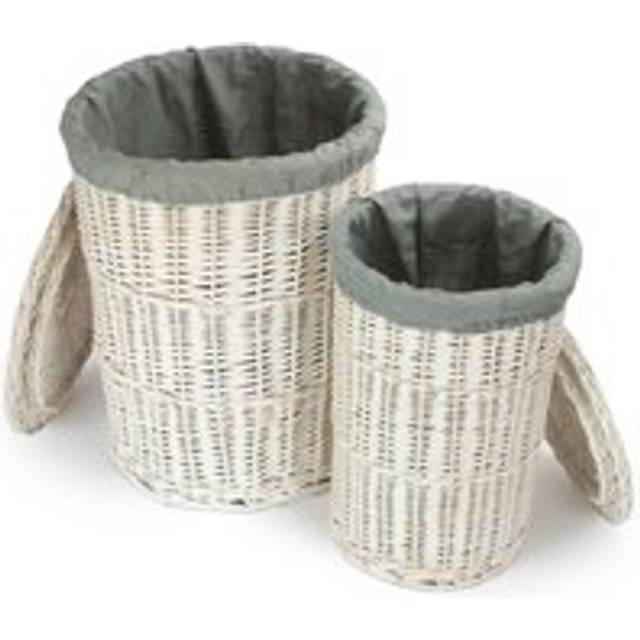 Round White Wash Laundry Hamper with Grey Sage Lining - Set of 2