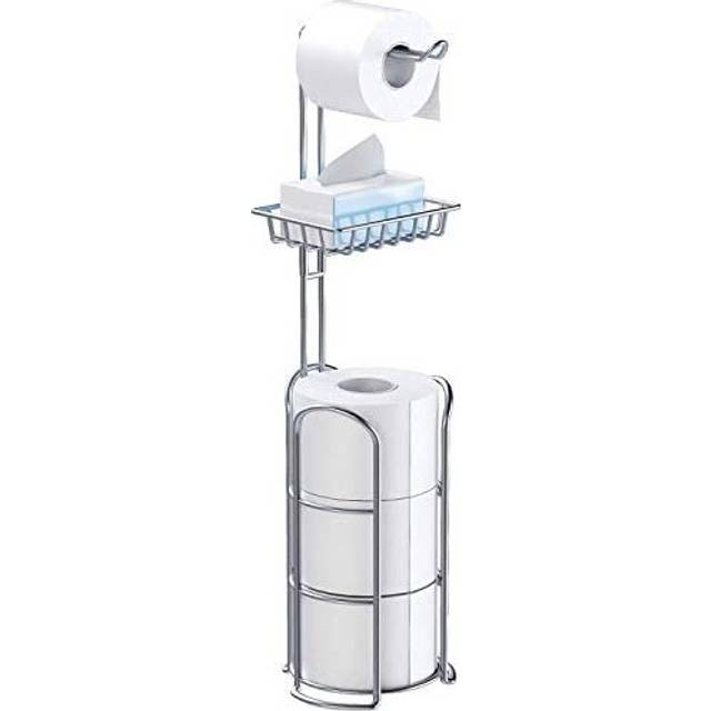 Upgrade Toilet Paper Holder Stand, Chrome Freestanding Toilet Paper Roll Holders with Shelf, Bathroom Tissue Storage Rack