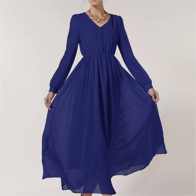 (navy, 2XL) V-necked Chiffon Slim Middle Long Dress