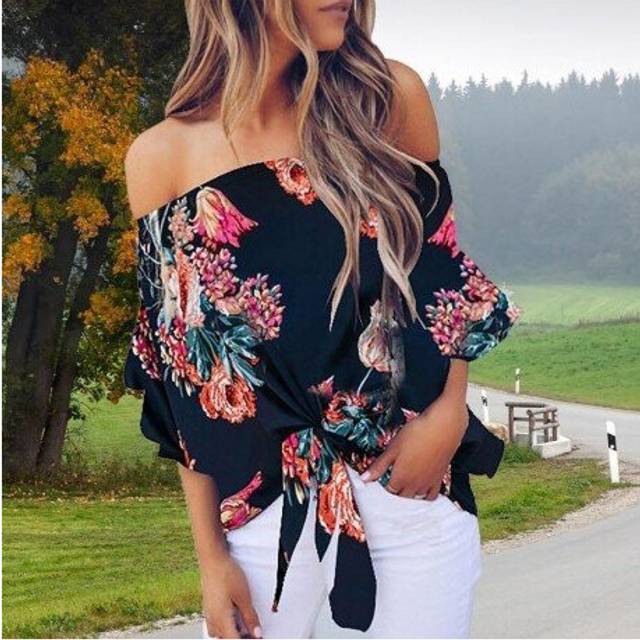 (S, Red) Summer Sexy Blouse Women Floral Printing Off Shoulder Shirt Sleeveless Loose Casual Blouse Ladies Large Size Tops