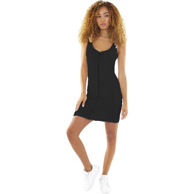(Black, L) Ladies Zip Through Vest Dress Plain Strappy Stretchable Bodycon