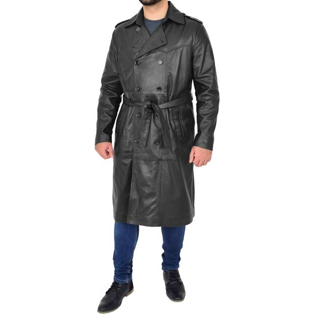 (Black, 3XL) Mens Trench Leather Coat 3/4 Long Black Reefer Overcoat Sherlock