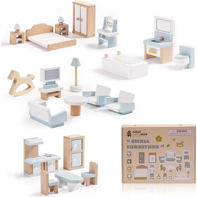 ROBUD Wooden Dollhouse Furniture Set  23 Pcs Dollhouse Accessories  Miniature Furniture Including 5 Room Kits  Dollhouse Furniture Pretend Play Toys f
