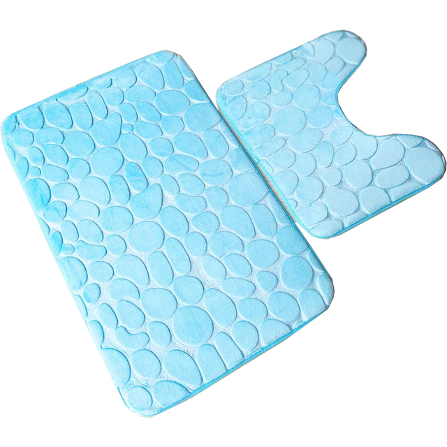(Blue, 2) Pebbles Bath Mat Set Bathroom Square Shaped And U Non Slip Floor Mats