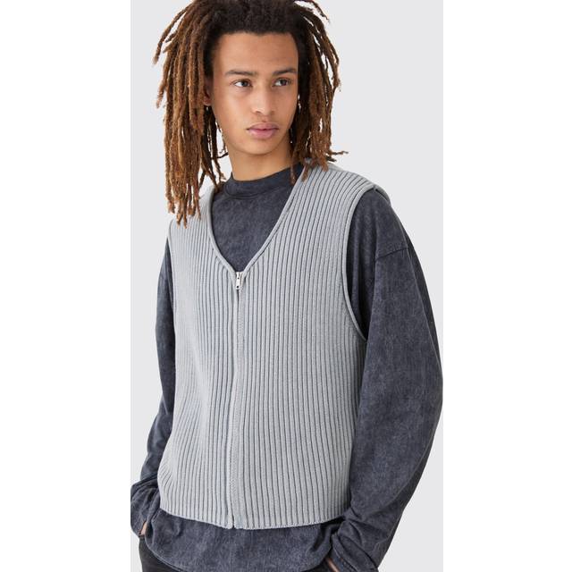 Boxy Acid Wash Ribbed Knit Gilet In Grey - M