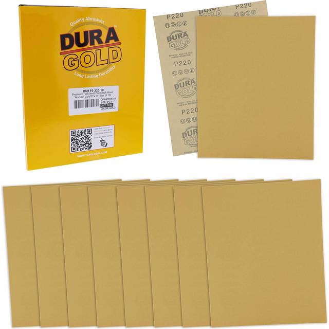 "Dura-Gold Premium 9"""" x 11"""" Gold Sandpaper Sheets  220 Grit (Box of 1"