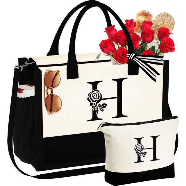 YOOLIFE Gifts for Women Initial Tote Bag - Initial H Monogram Canvas Tote Bag with Zipper Makeup Bag Personalized Birthday Gifts for Women Her Mom Te