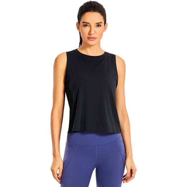 CRZ YOGA Pima Cotton Cropped Tank Tops for Women Workout Crop Tops High Neck Sleeveless Athletic Gym Shirts Black Medium