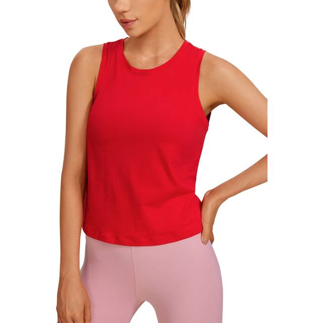 CRZ YOGA Pima Cotton High Neck Cropped Tank Tops for Women Crop Athletic Gym Workout Sleeveless Shirts Festival Red Medium