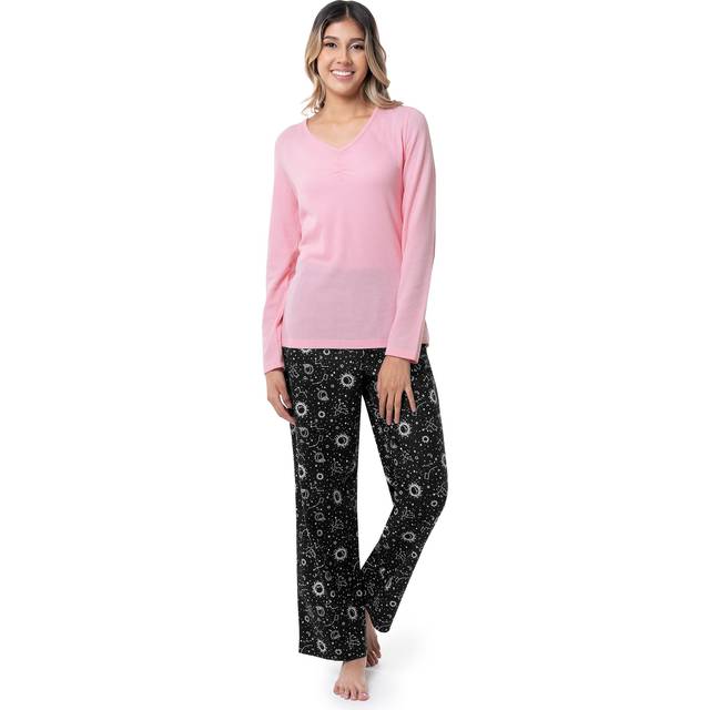 Fruit of the Loom Women's Waffle V-Neck Top and Flannel Pant Sleep Set  Soft Pink/Cosmic Sky  Large
