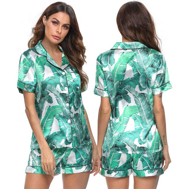 SWOMOG Womens Pajamas Set Silk Satin Sleepwear Short Sleeve Nightwear Button Down Pj Loungewear