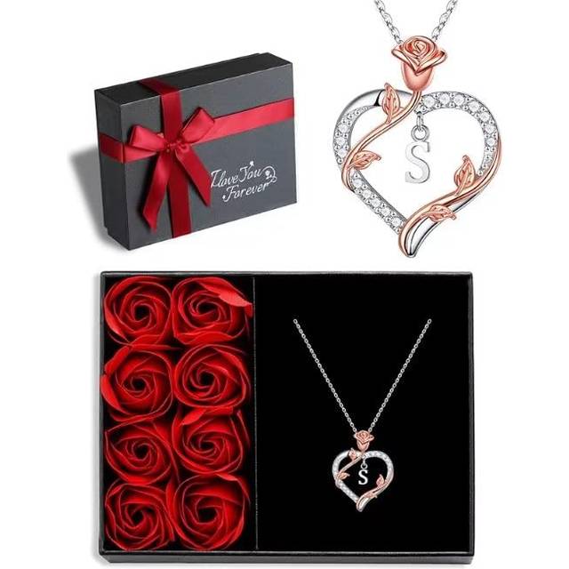 Iefil Forever Love Gifts for Her with Rose Box  925 Sterling Silver Rose Heart Initial S Letter Pendant Necklace Jewelry for Women Anniversary Valenti