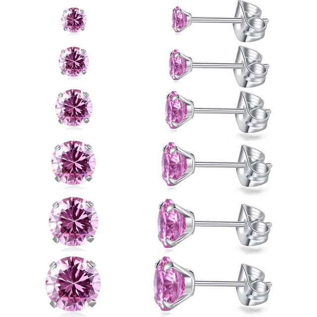 6 Pairs Stud Earrings Set  Hypoallergenic Cubic Zirconia Earrings 316L Stainless Steel CZ Earrings 3-8mm Pink CZ