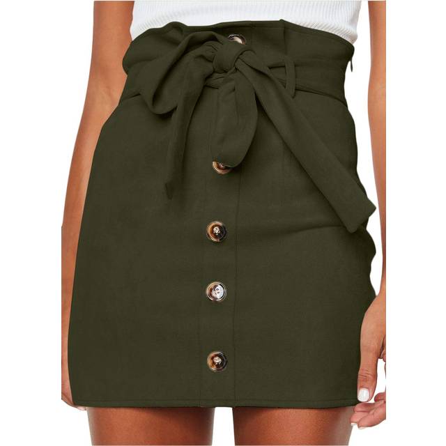 Meyeeka Women Classic High Waist Button Down Bodycon Faux Suede A Line