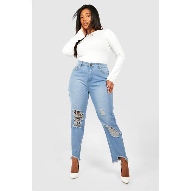 Womens Plus Ripped Distressed High Waisted Mom Jeans - Blue - 20