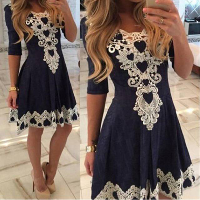 (dark blue, S) Sexy Floral Crochet Boutique Party Dress