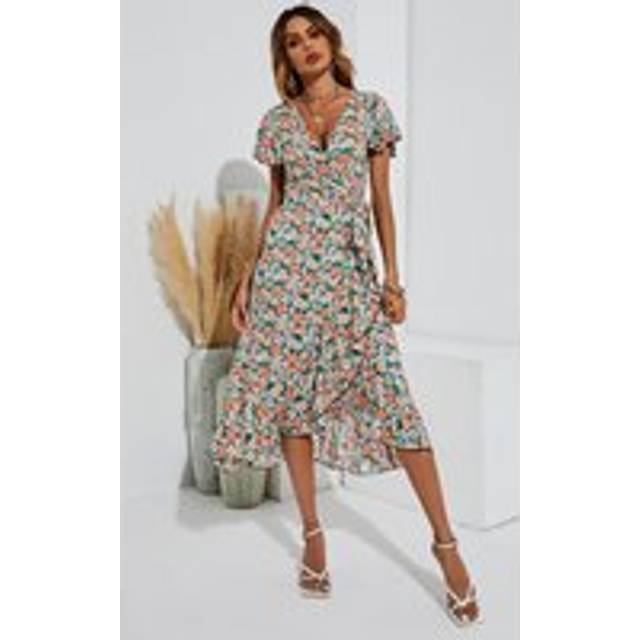 Daisy Floral Print Wrap Hem Midi Dress In Black - Multi - XS