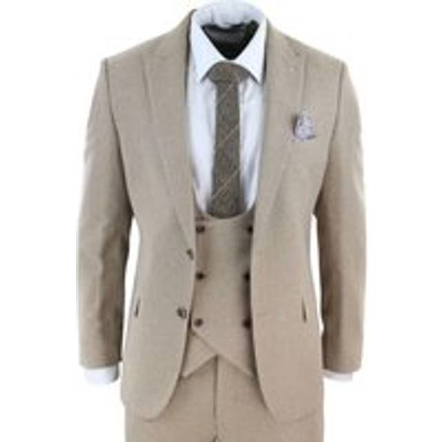 TruClothing Mens Tweed 3 Piece Beige Formal Wedding Suit - Oak - Size 38 (Chest)