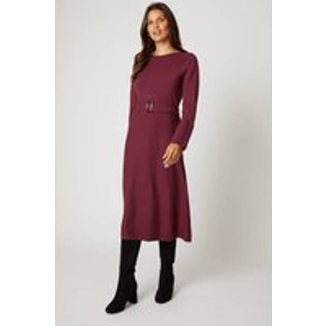 Womens Slash Neck Button Detail Belted Knitted Dress - Berry - XL