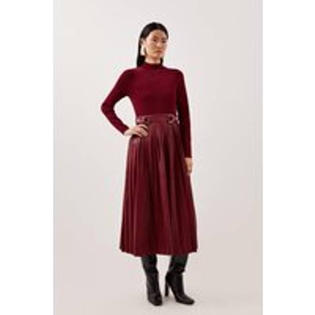 Petite Viscose Blend Knit Pu Pleated Skirt Maxi Dress - Red